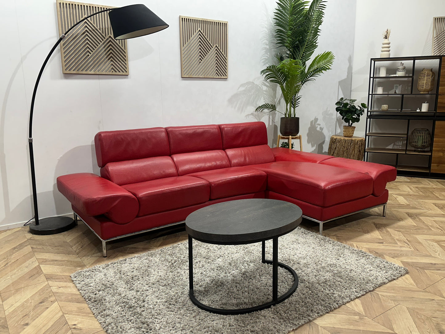 Rode Echt Lederen Hoekbank ~ Verstelbare Arm/Hoofdsteunen