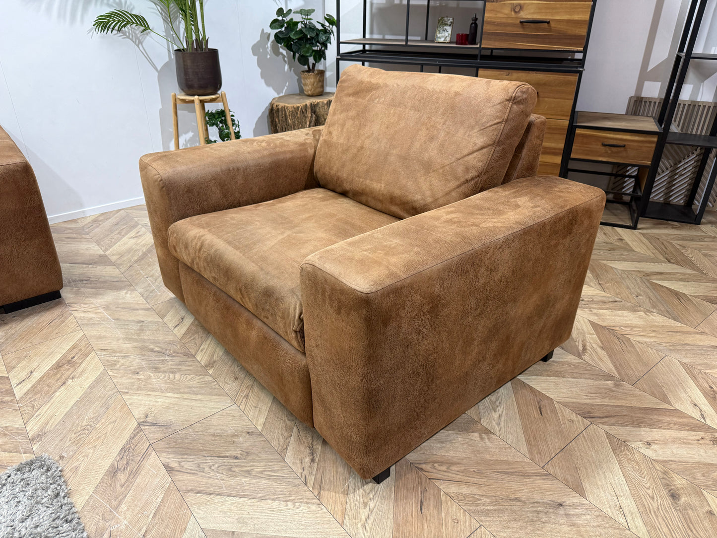 Cognac Bruine Suède Lederen Hoekbank Incl. Fauteuil