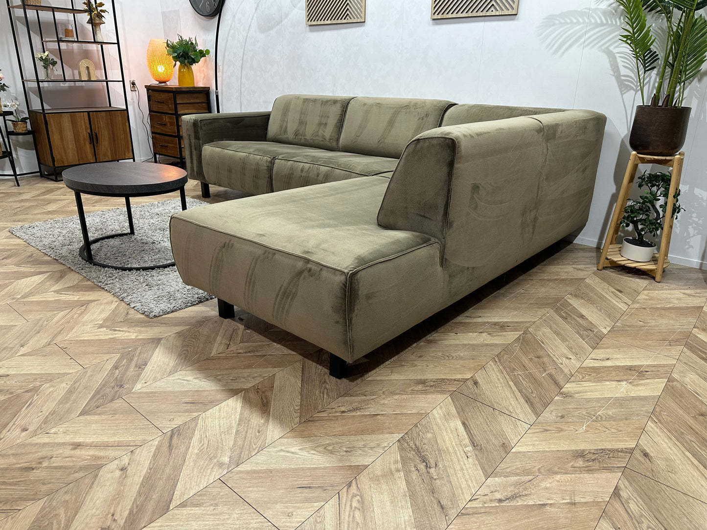 Groene Velvet Hoekbank ~ Vaste Kussens