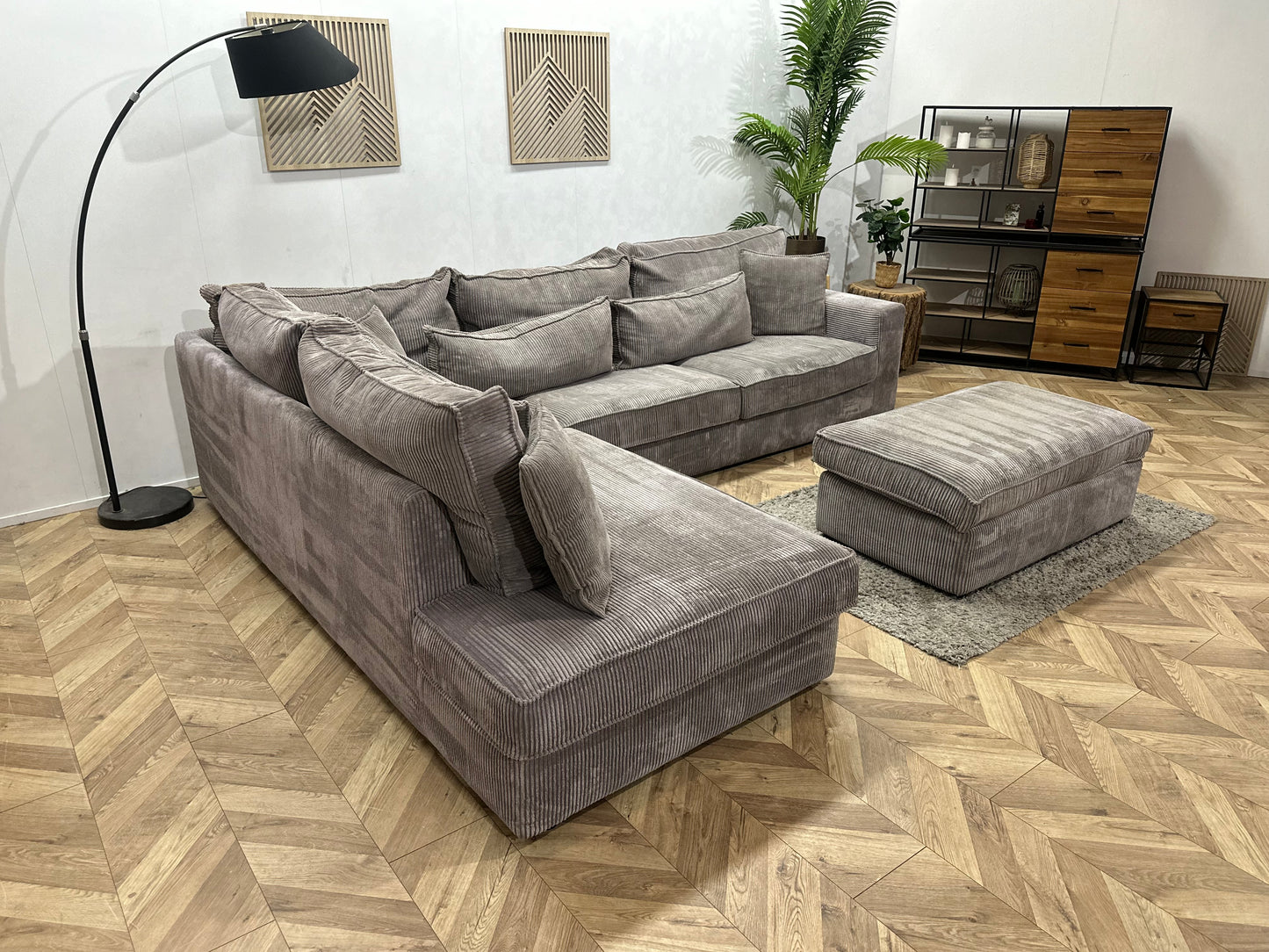 Grijze Ribstof Hoekbank Inc Hocker ~ Losse Kussens Met Afneembare Hoezen