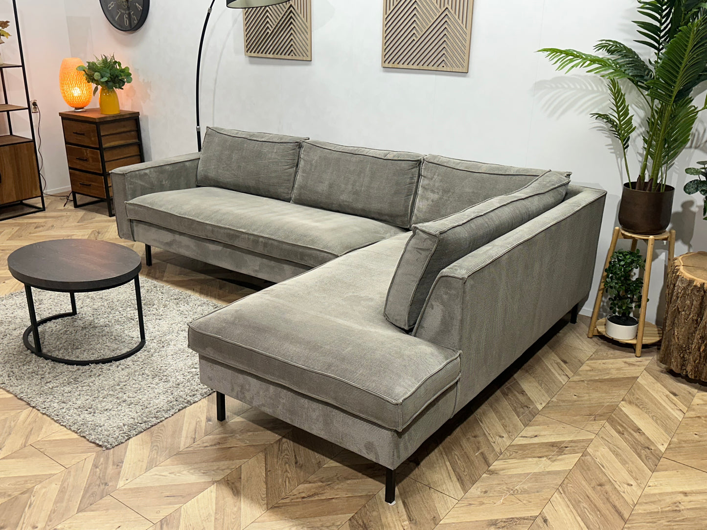 Woood Licht Grijze Ribstof Hoekbank ~ Losse Kussens Met Afneembare Hoezen