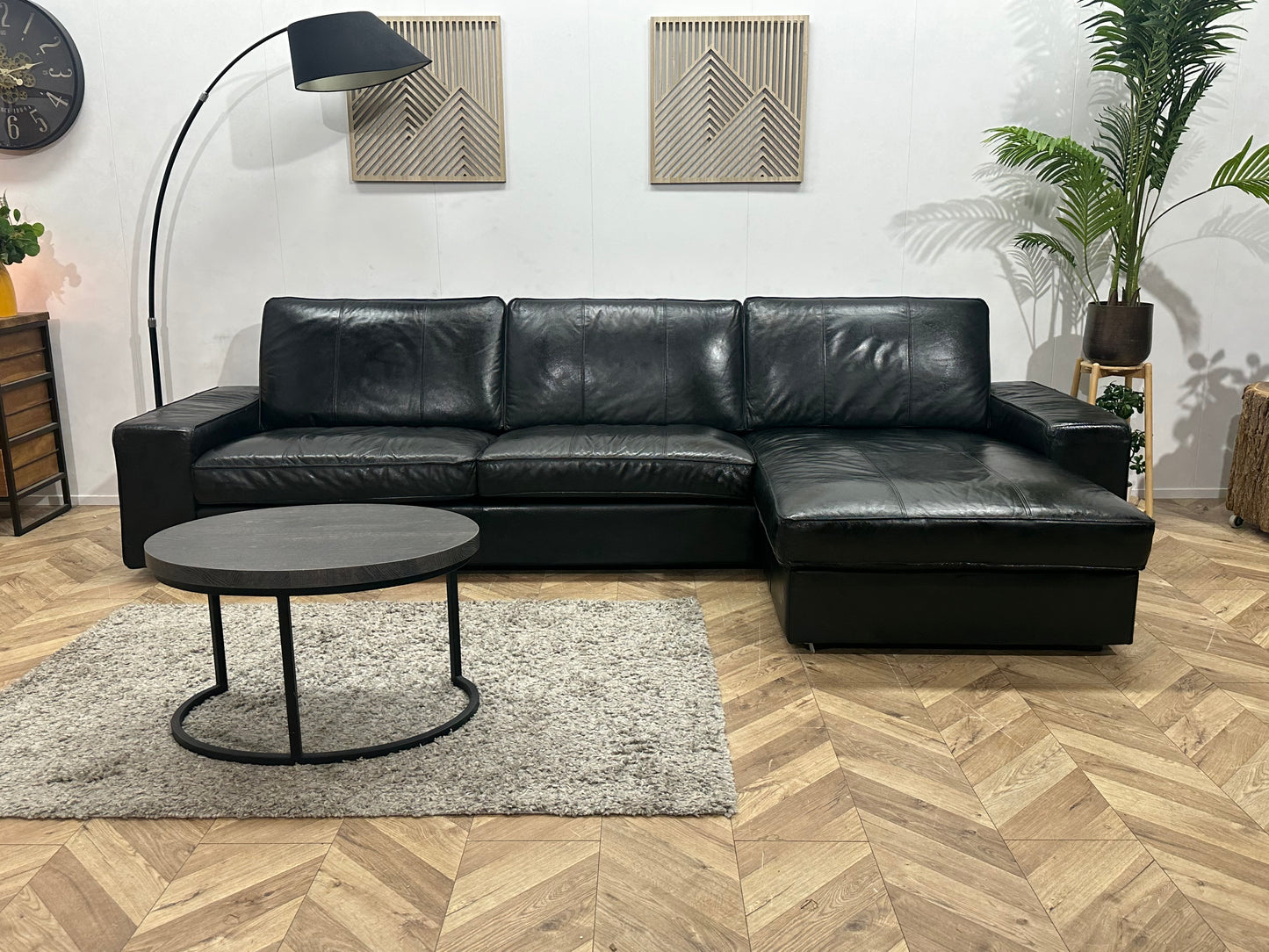 Zwarte Echt Lederen Hoekbank ~Geïmpregneerd