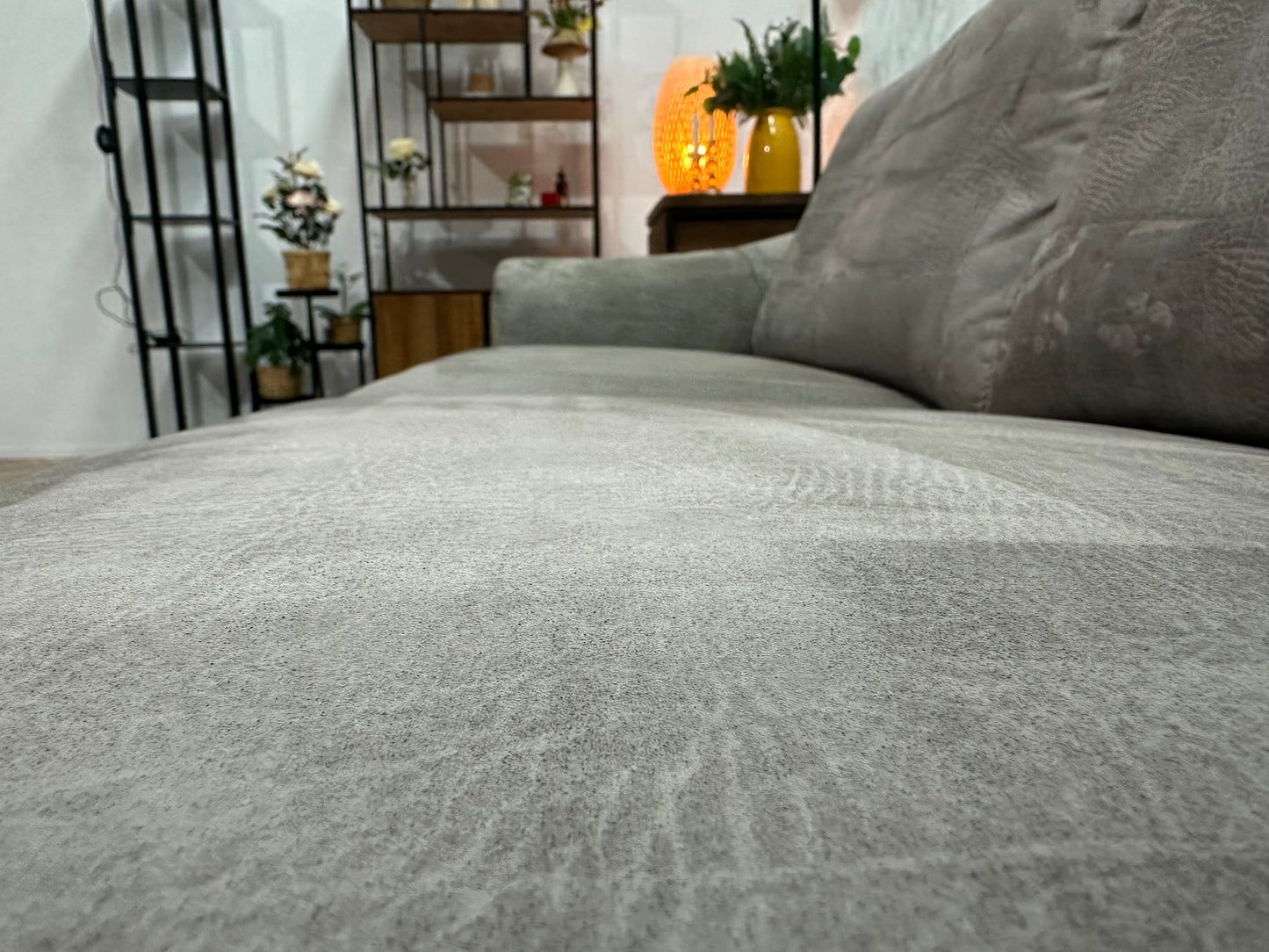 Grijze Suède Stoffen Hoekbank ~ Vaste Kussens