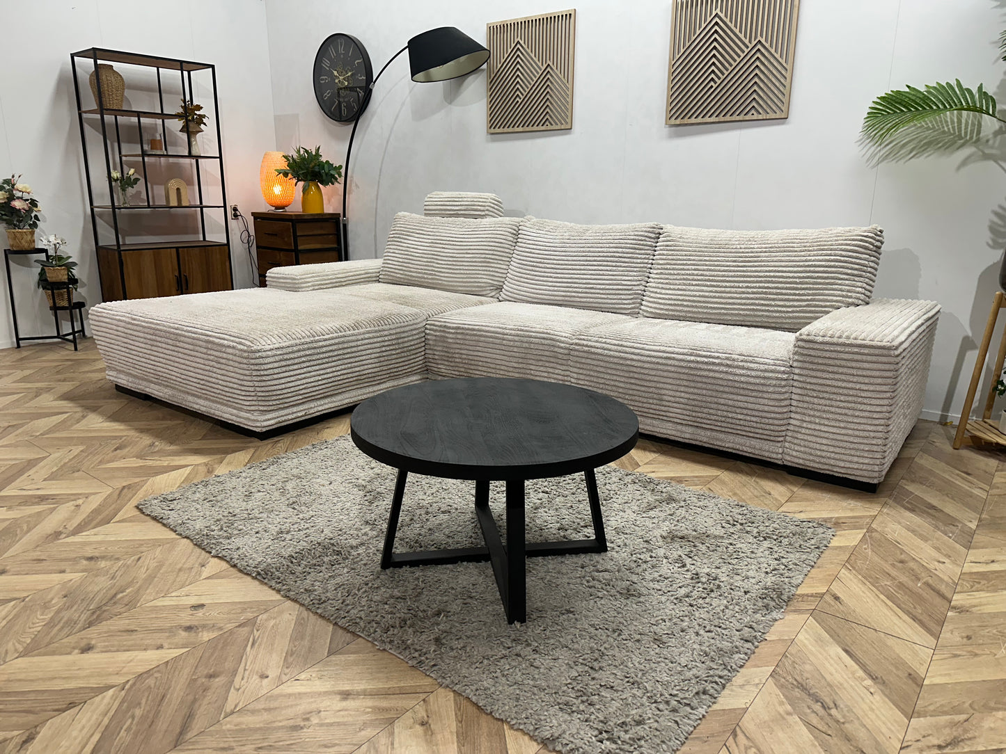 Witte Ribstof Hoekbank ~ Vaste Kussens