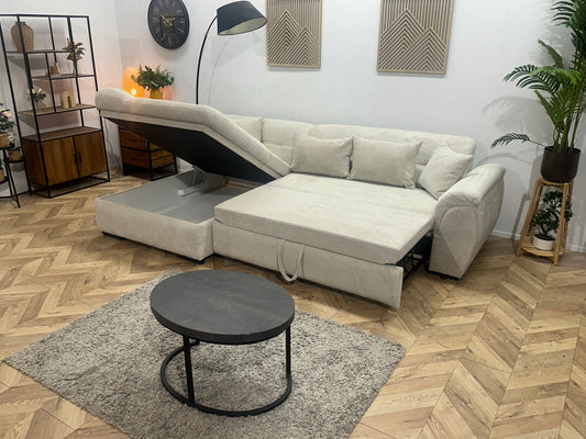 !Showroommodel! Witte Ribstof Hoekbank ~ Slaapfunctie