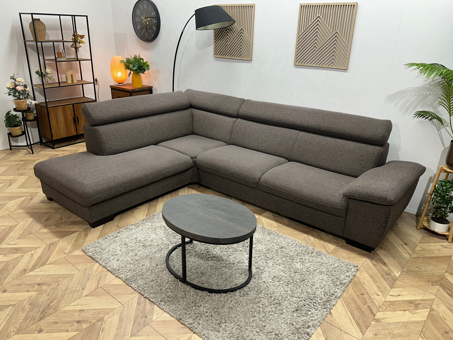 Bruine/Grijze Hoekbank ~ Verstelbare Arm/Hoofdsteunen