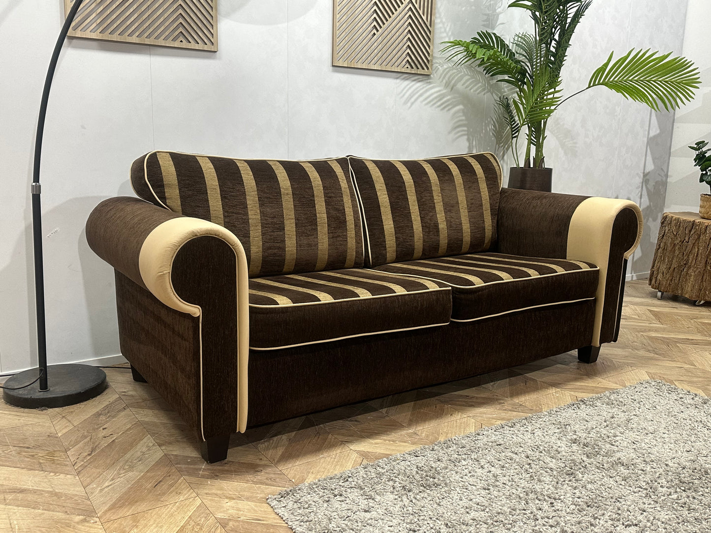 Bruine/Crème Stoffen/Echt Lederen 2.5-Zits Bank ~ Losse Kussens Met Afneembare Hoezen