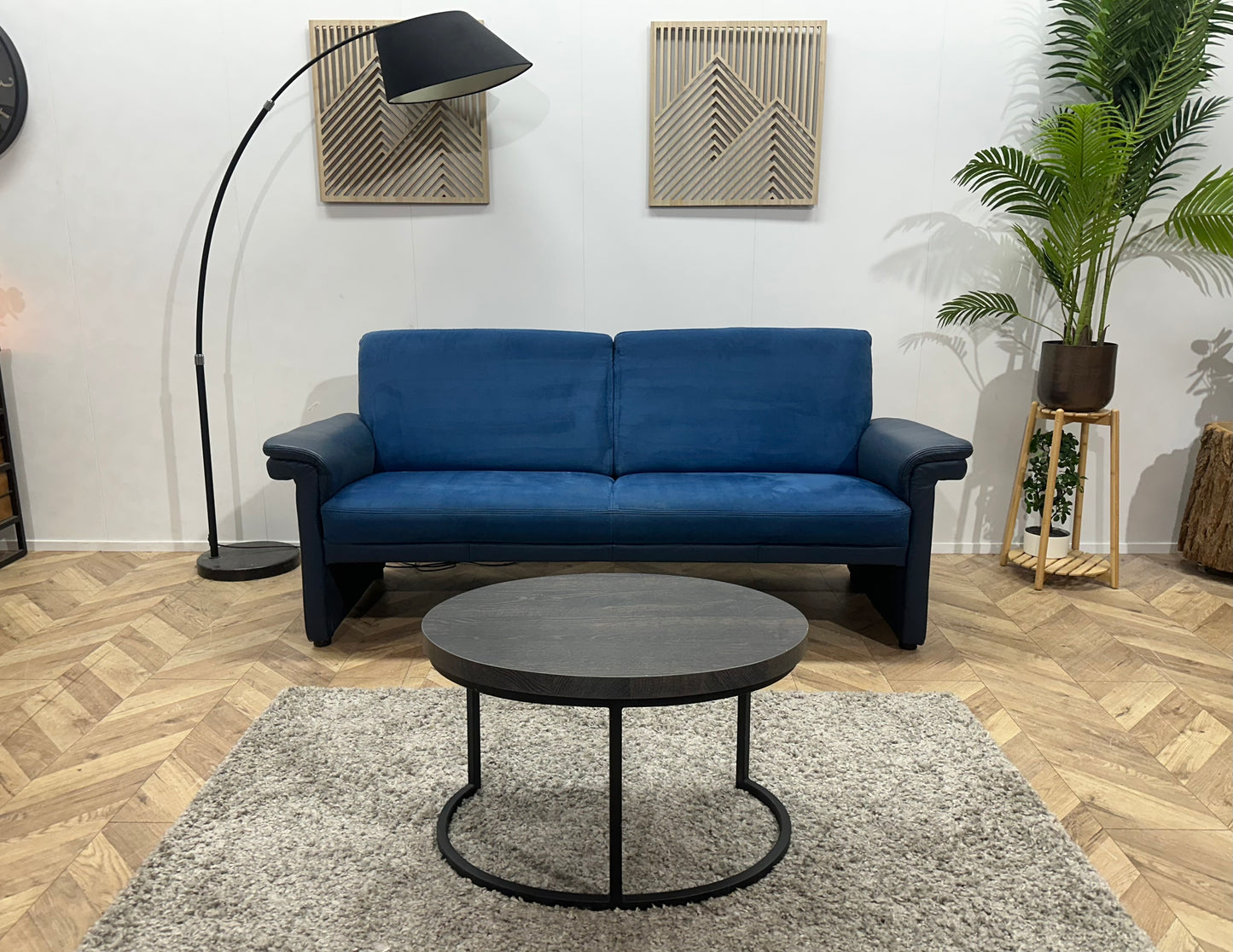 Blauwe Velvet/Lederen 2.5-Zits Bank ~ Vaste Kussens