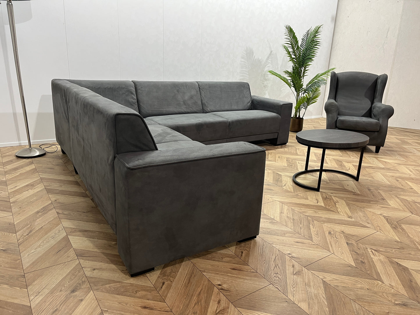 Antraciet Suède Leer Hoekbank Inc. Fauteuil