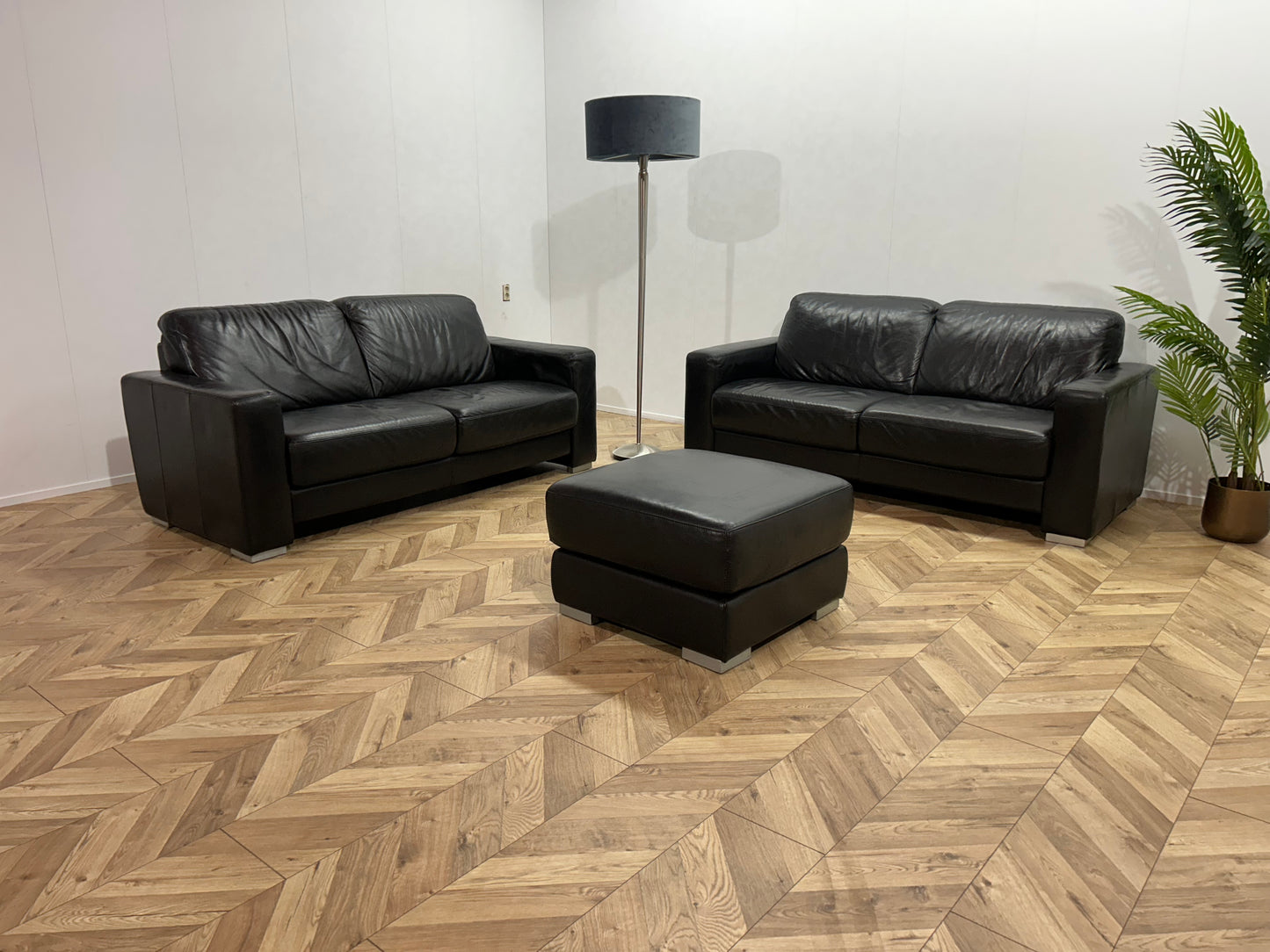 Zwarte Echt Lederen Banken Set Inc. Hocker ~ Nieuwstaat