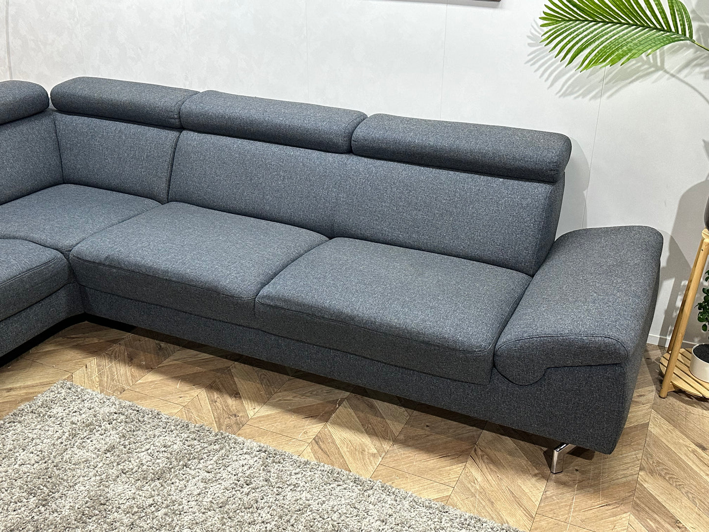 Montèl Blauwe/Grijze Hoekbank ~ Verstelbare Arm/Hoofdsteunen