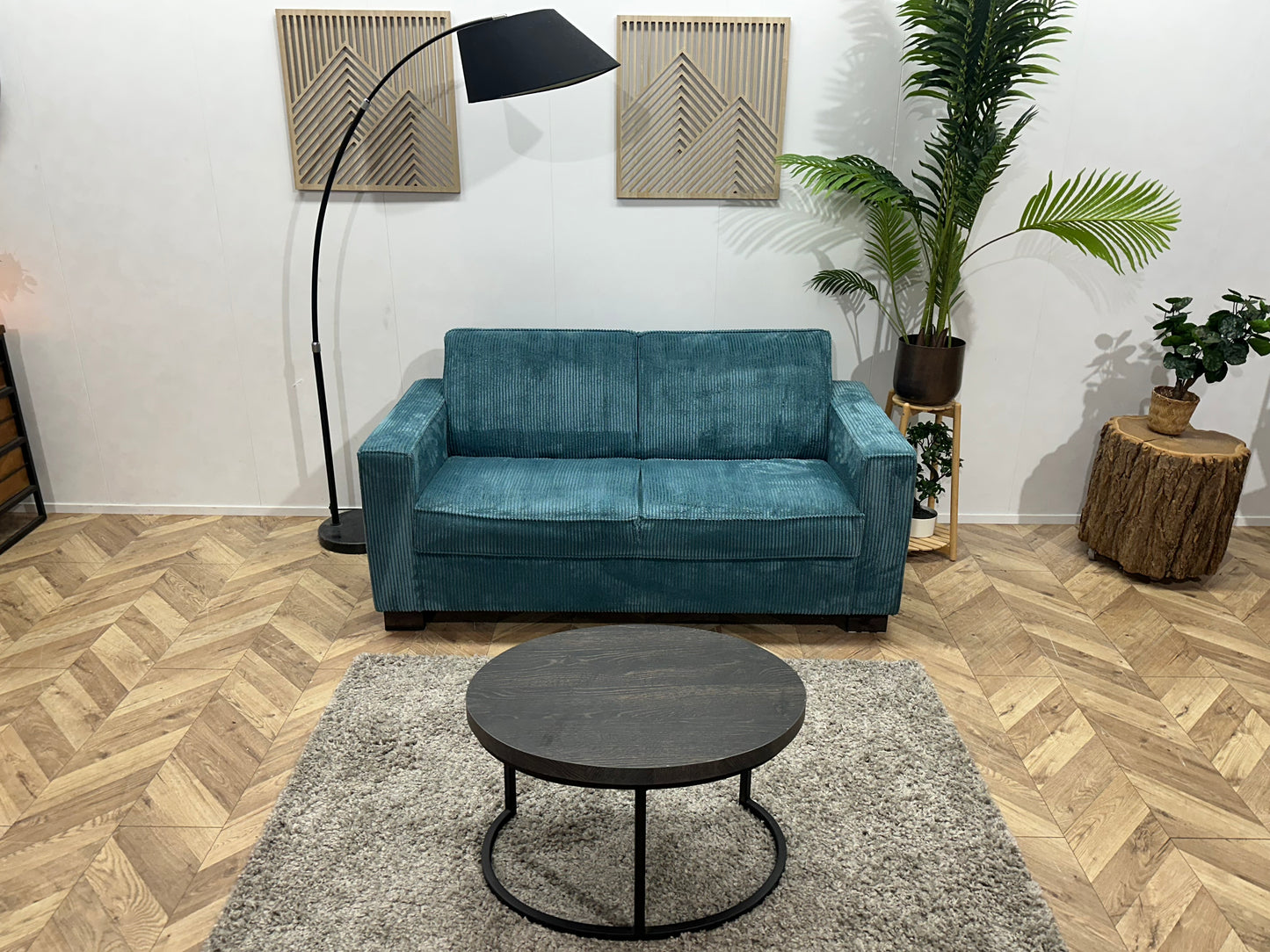 Blauwe Ribstof 2.5-Zits Bank ~ Vaste Kussens