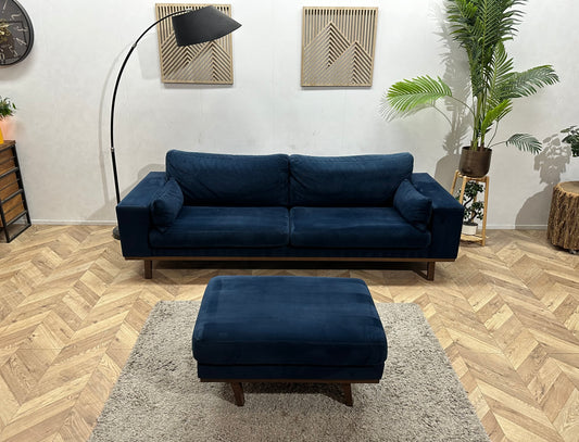 Blauwe Velvet 2.5-Zits Bank Inc Hocker ~ Losse Kussens Met Afneembare Hoezen