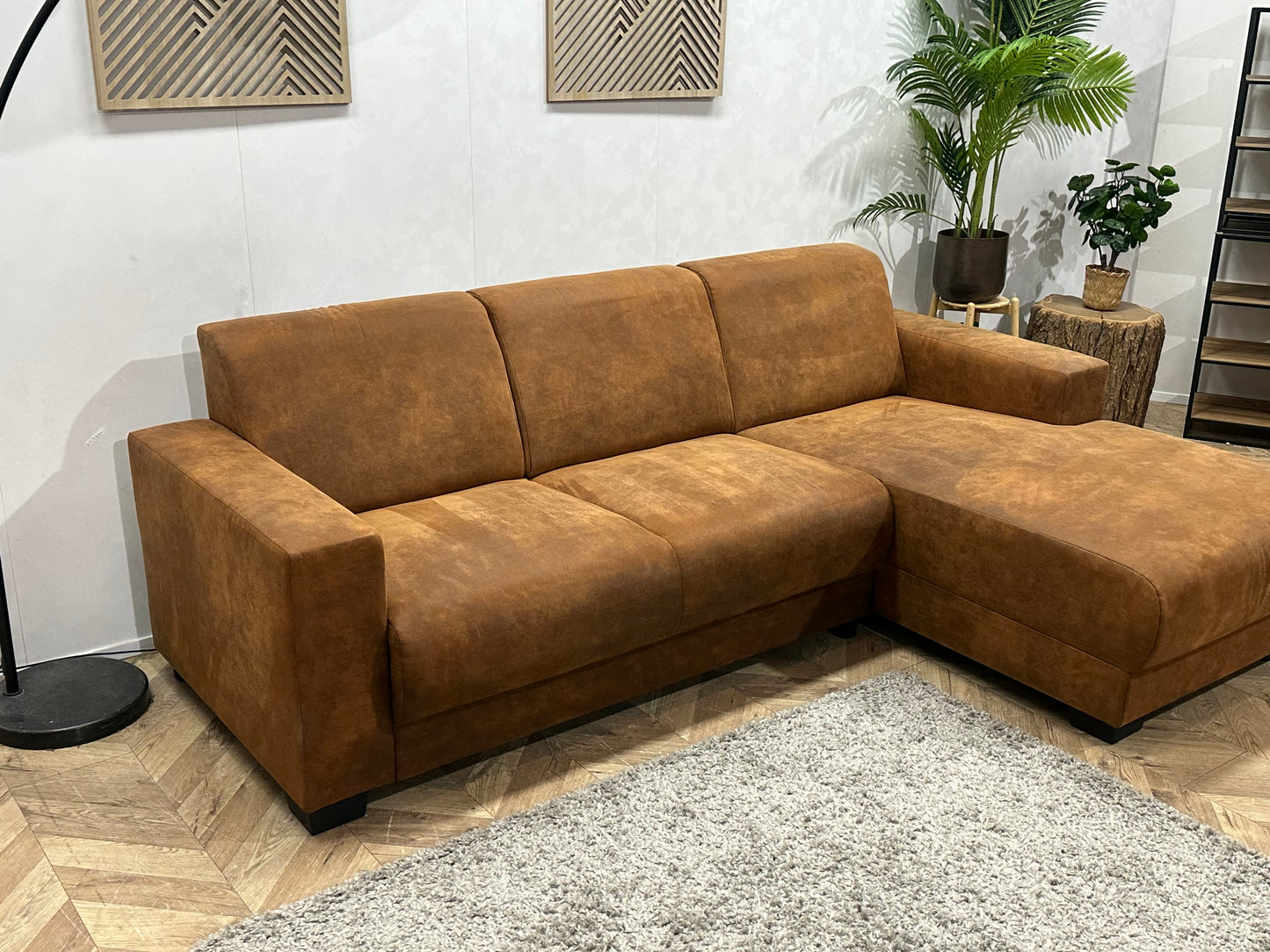 Cognac Bruine Suède Stoffen Hoekbank ~ Vaste Kussens