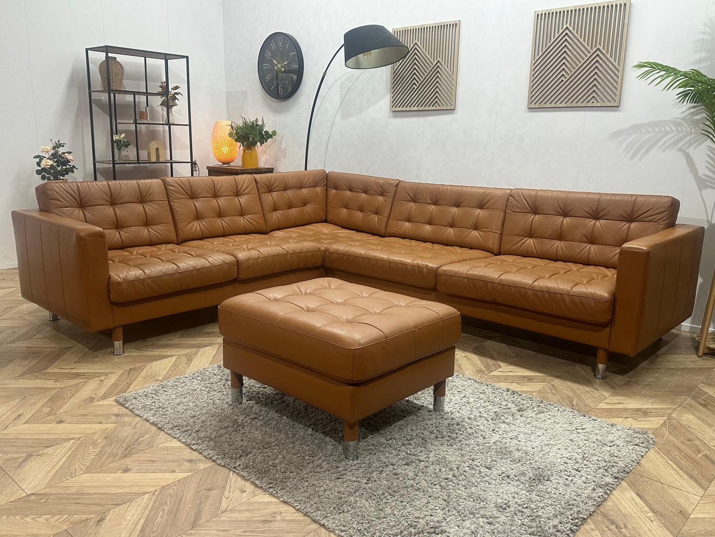 Cognac Bruine Echt Lederen Hoekbank Inc Hocker ~ Geïmpregneerd