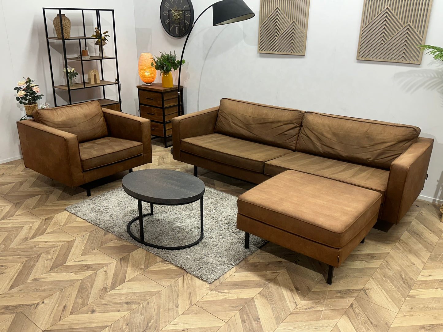 Woood Cognac Bruine Suède Stoffen Hoekbank Inc Fauteuil ~ Losse Kussens Met Afneembare Hoezen