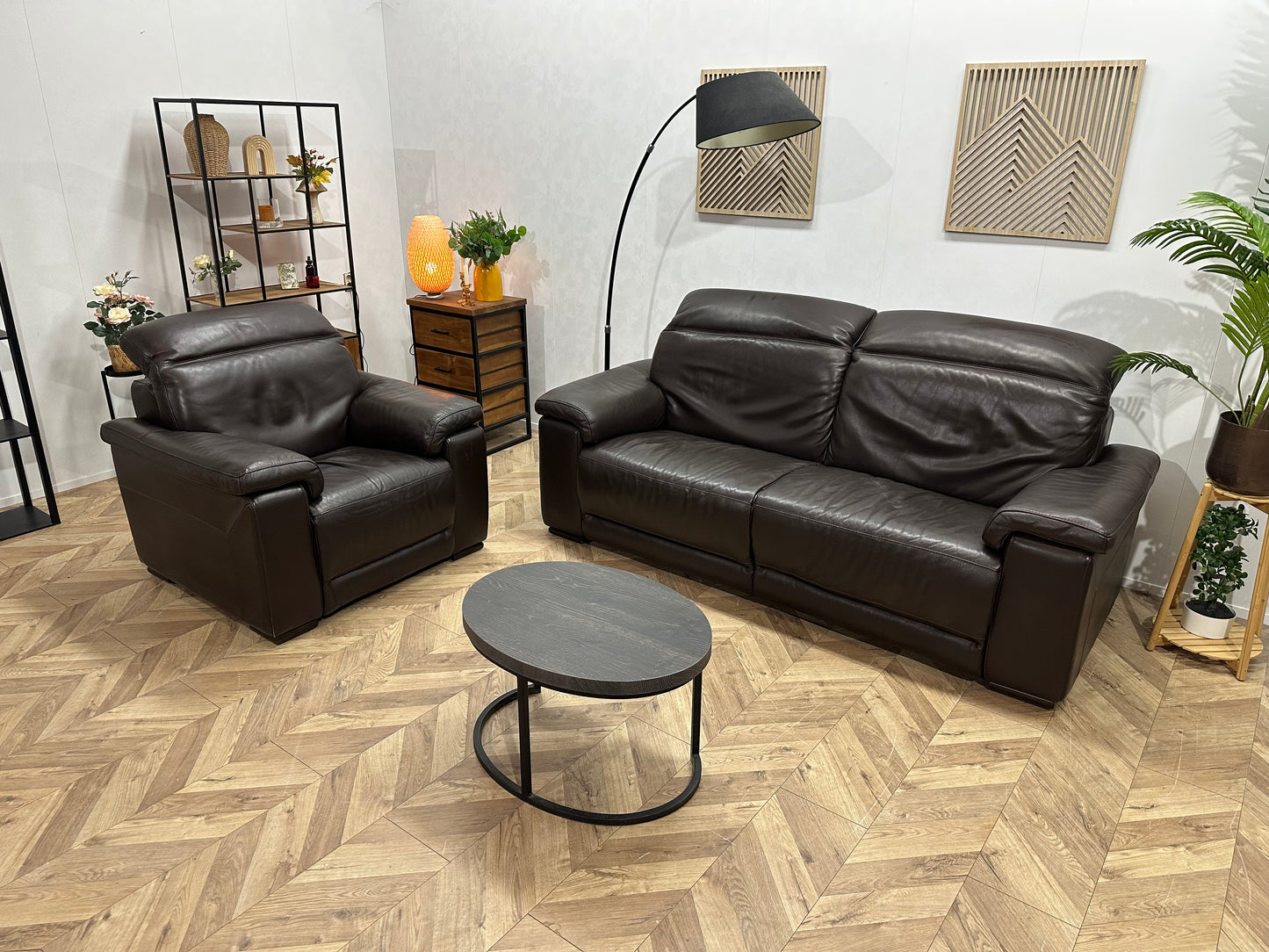 Bruine Echt Lederen 2.5-Zits Bank Inc Fauteuil ~ Verstelbare Hoofdsteunen
