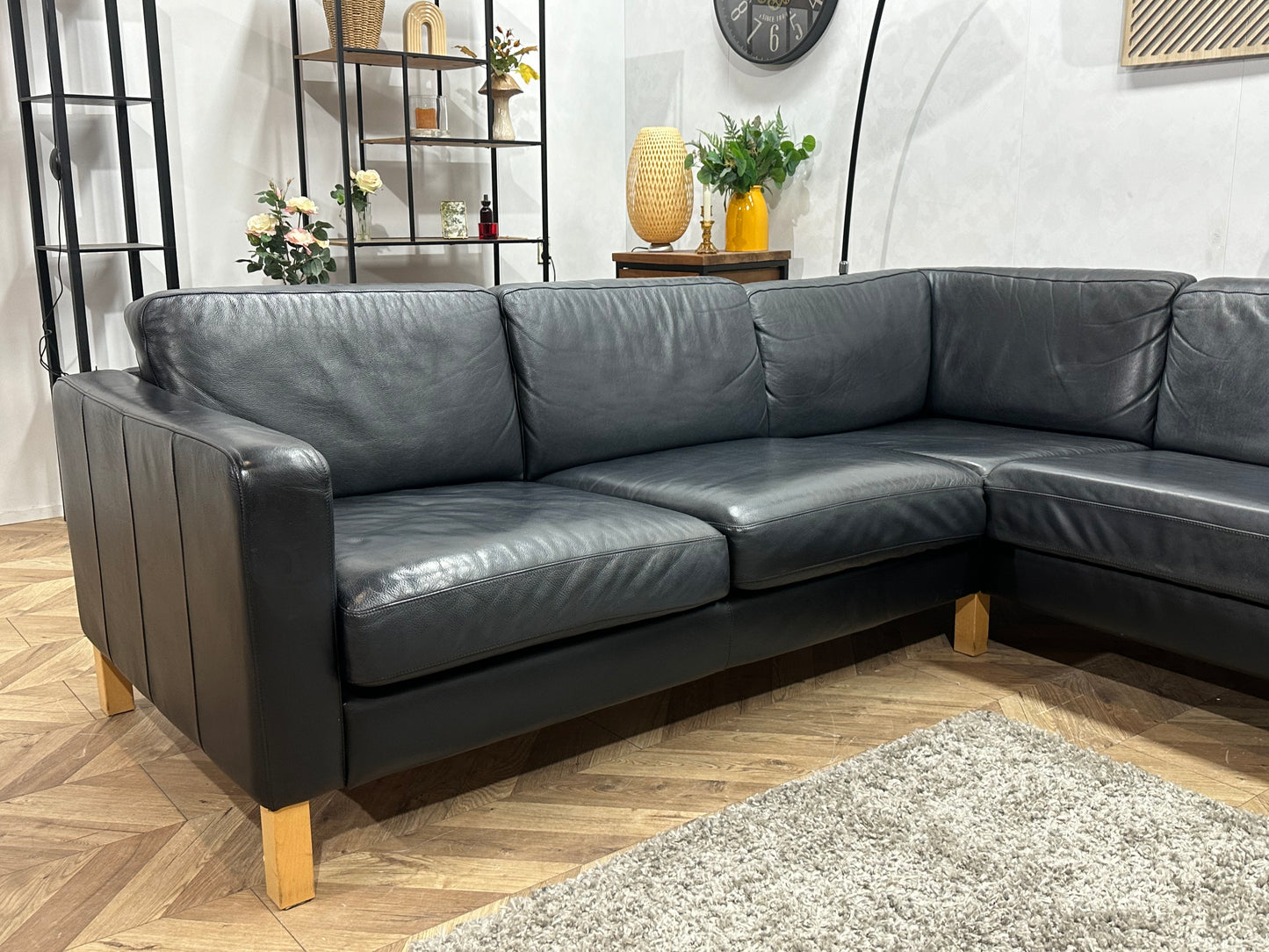 Zwarte Echt Lederen Hoekbank ~ Losse Kussens Met Afneembare Hoezen