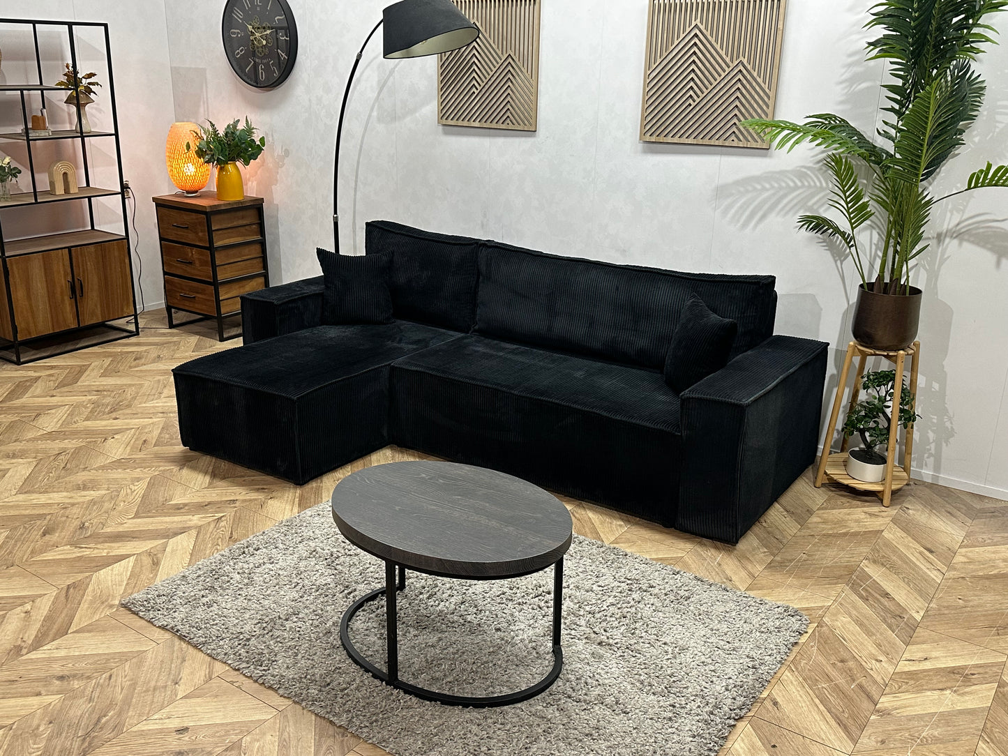 !Showroommodel! Zwarte Ribstof Hoekbank ~ Slaapfunctie