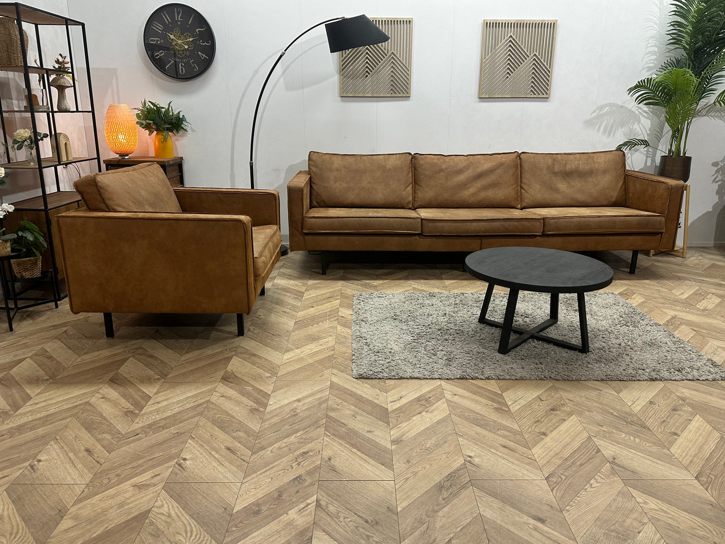 Be Pure Cognac Bruine Suède Stoffen 3-Zits Bank Inc Fauteuil ~ Losse Kussens Met Afneembare Hoezen