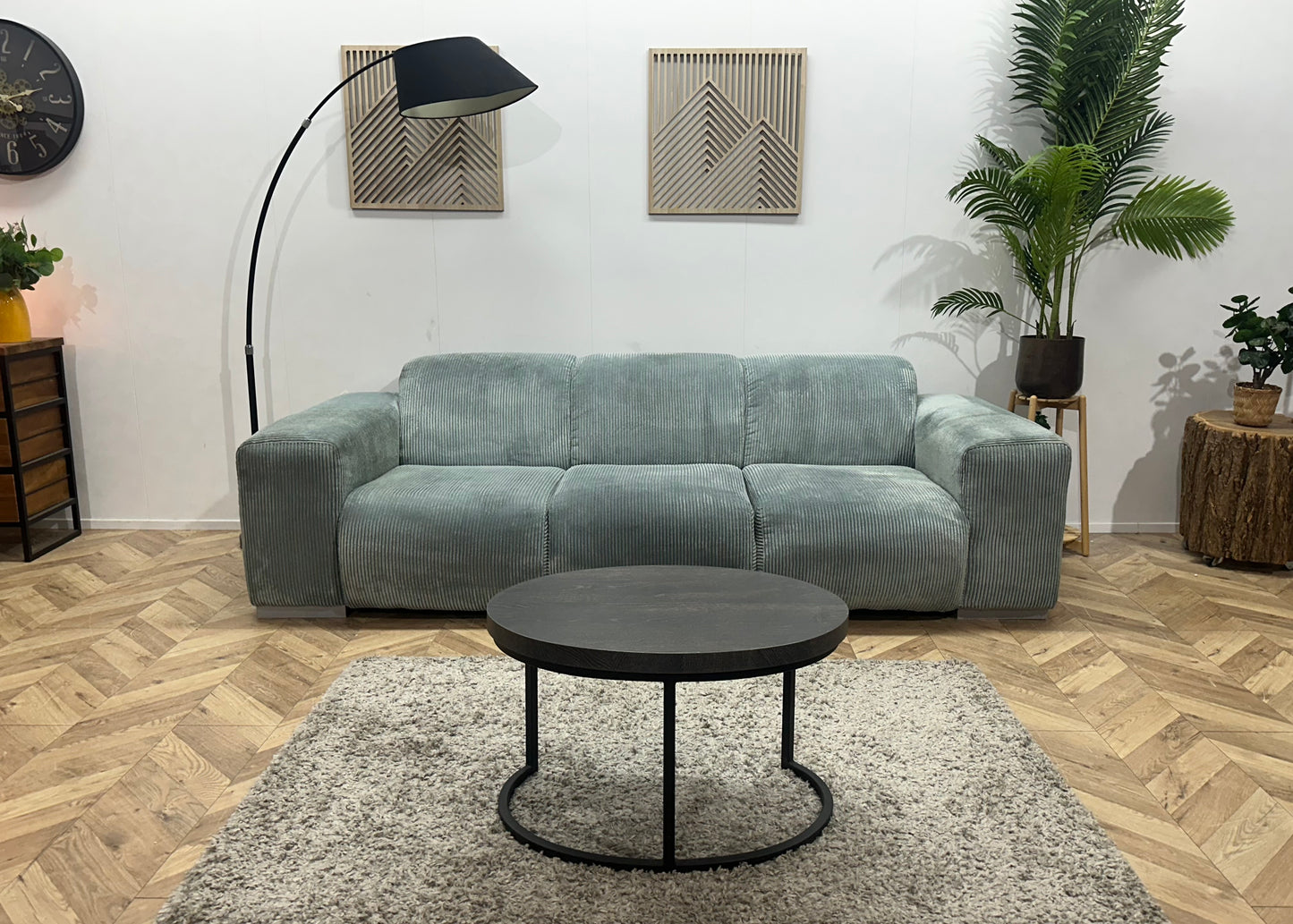 Licht Blauwe Ribstof 3-Zits Bank ~ Vaste Kussens