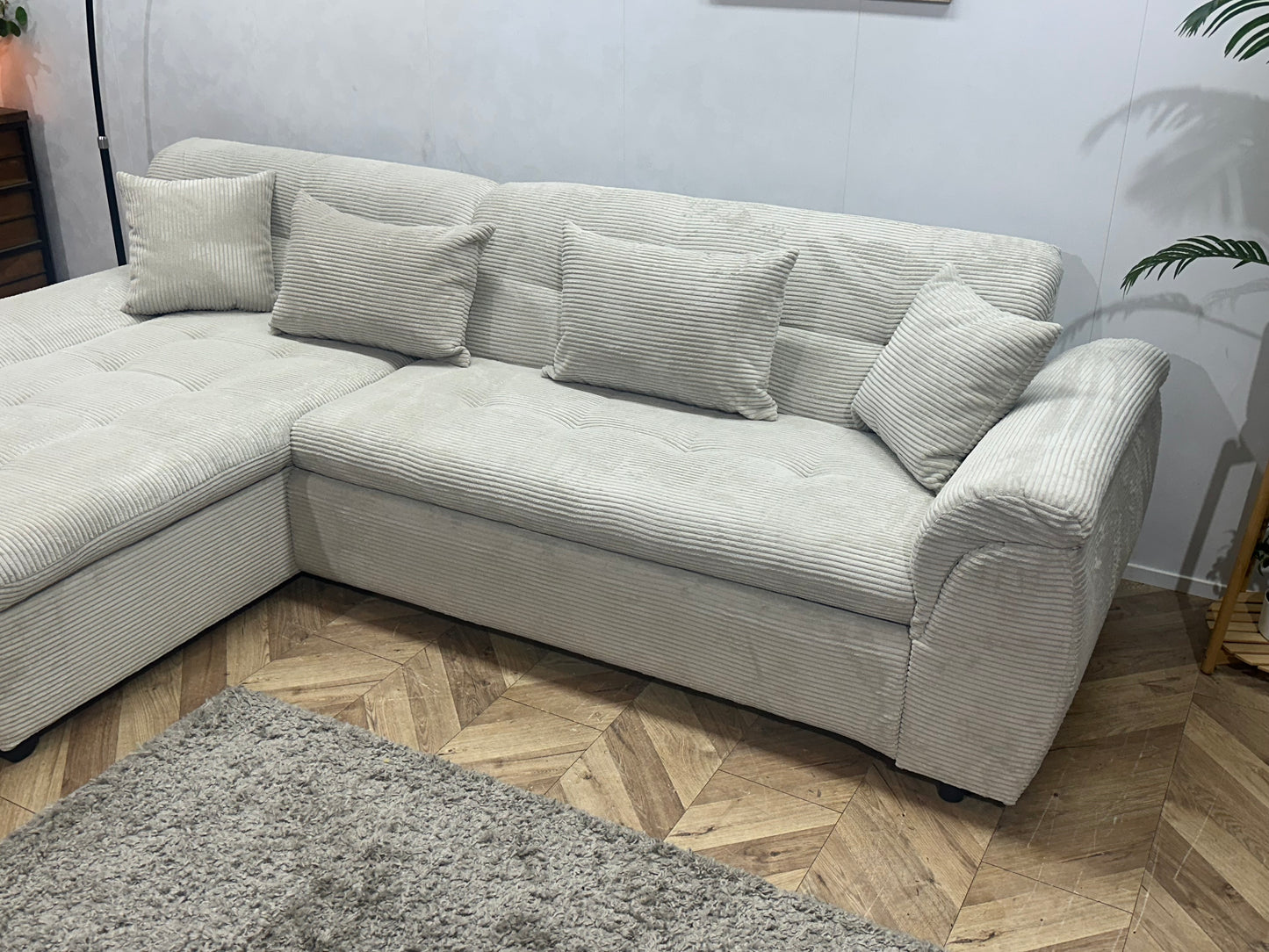 !Showroommodel! Witte Ribstof Hoekbank ~ Slaapfunctie