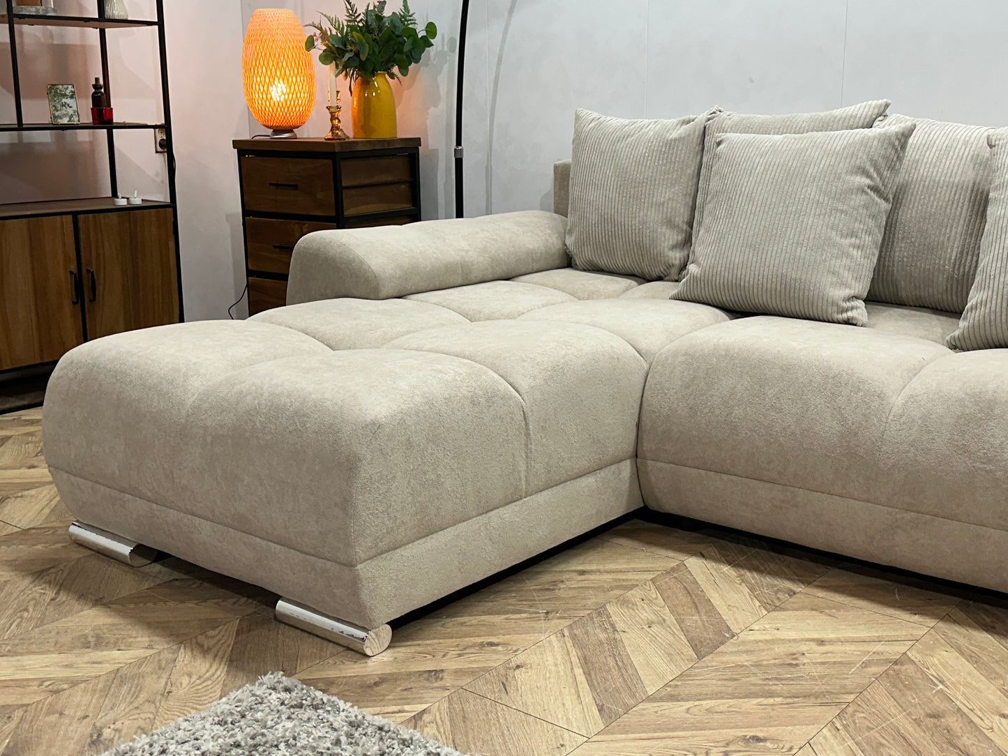 !Showroommodel! Crème Velvet U Bank ~ Losse Ribstof Rugkussens