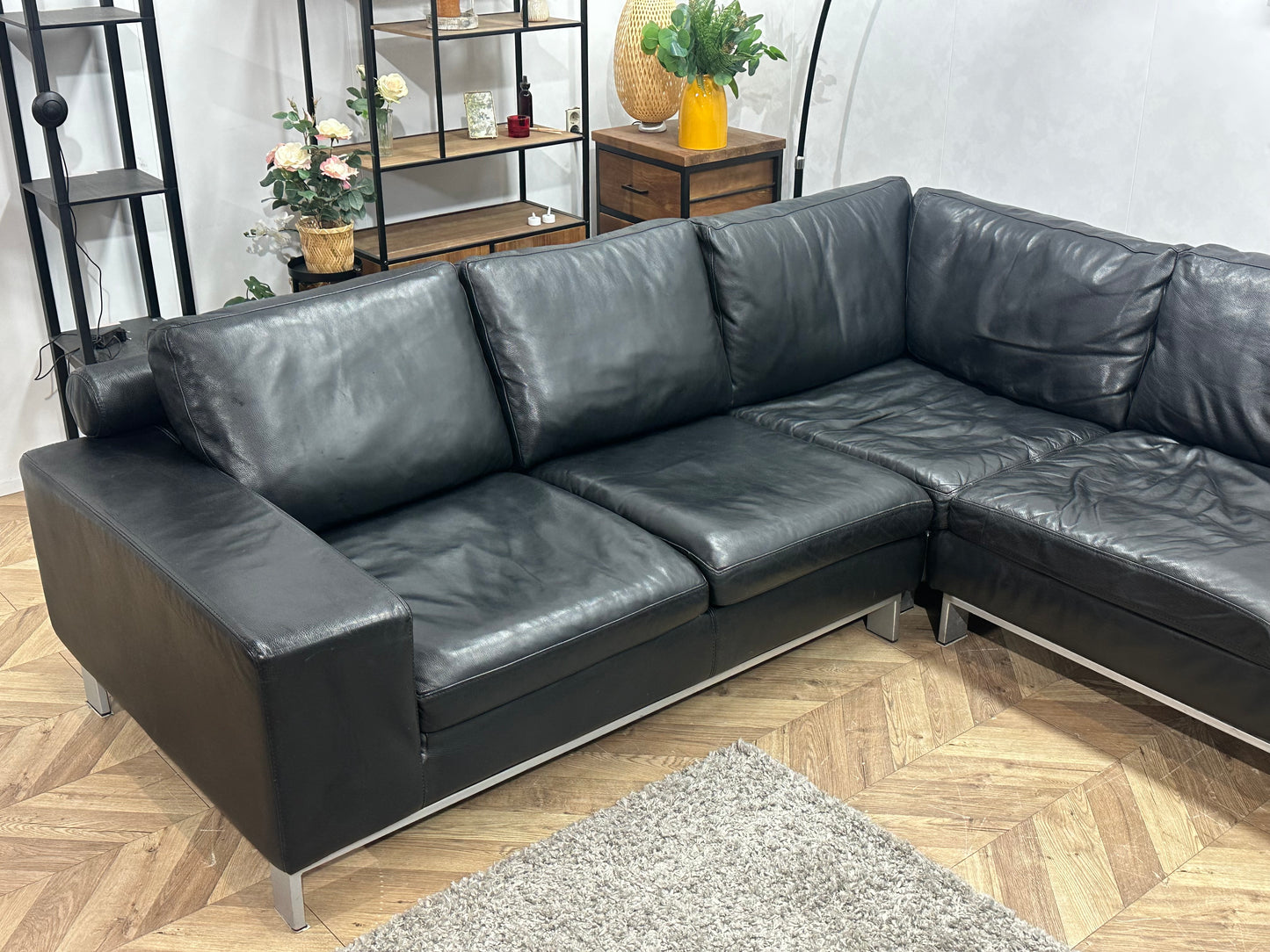 Leatherworld Zwarte Echt Lederen U Bank ~ Losse Kussens Met Afneembare Hoezen