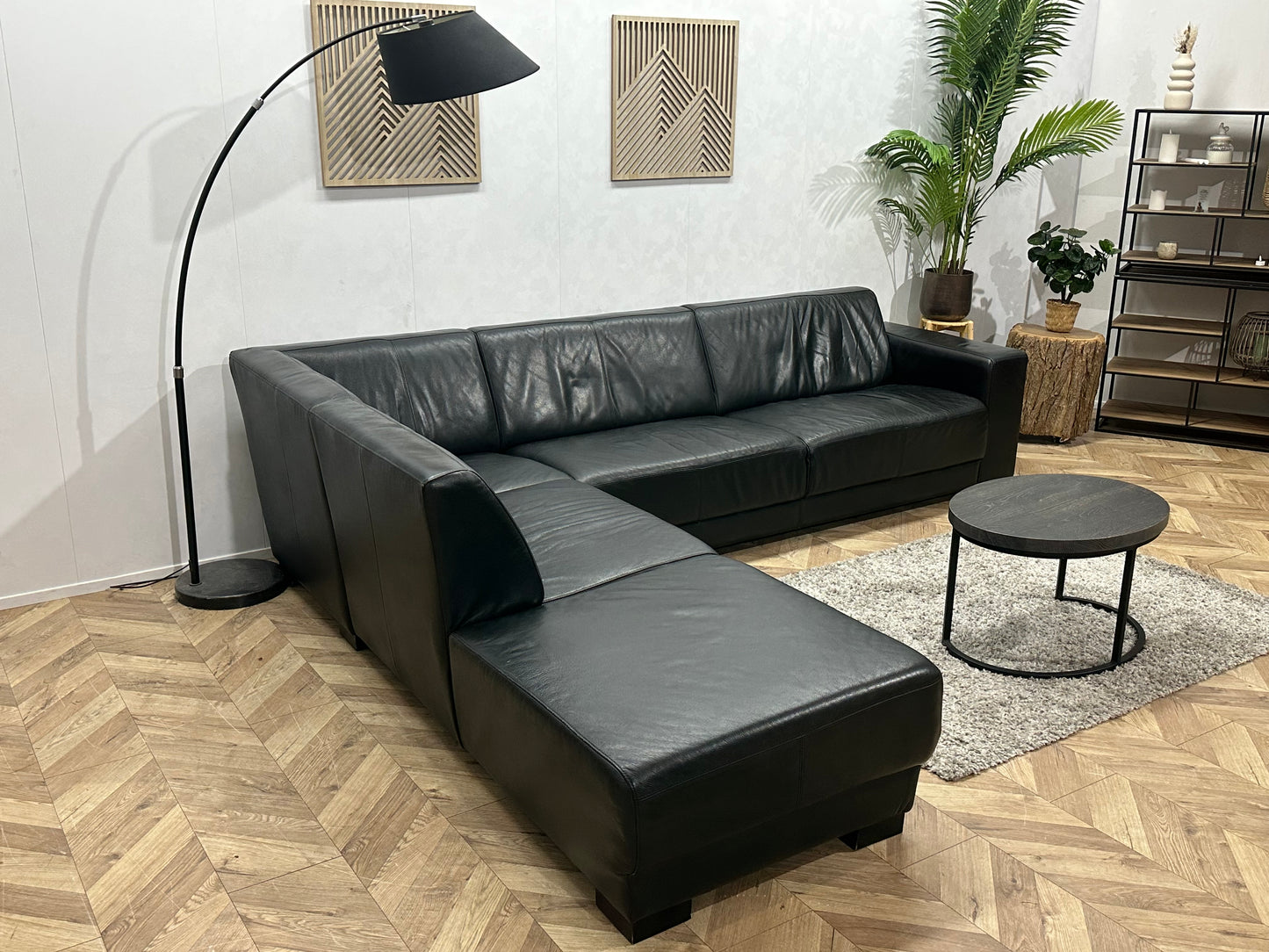 Zwart Echte Lederen Hoekbank ~ Vaste Kussens
