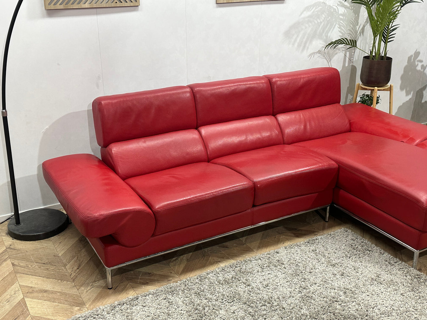 Rode Echt Lederen Hoekbank ~ Verstelbare Arm/Hoofdsteunen