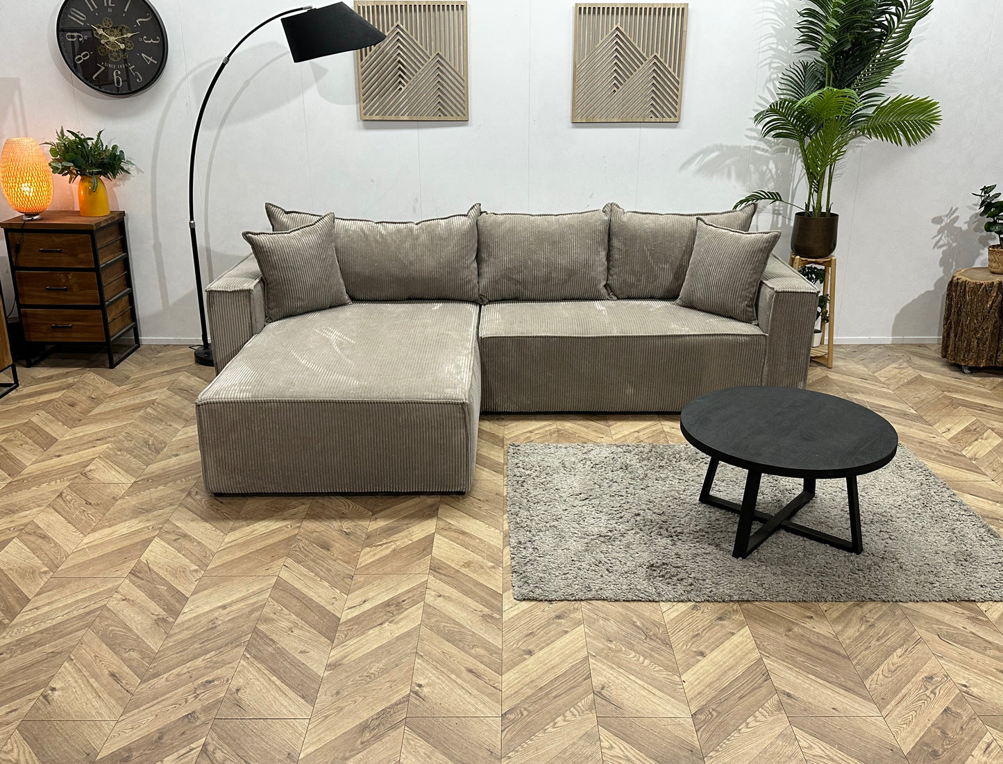 !Showroommodel! Licht Bruine Ribstof Hoekbank