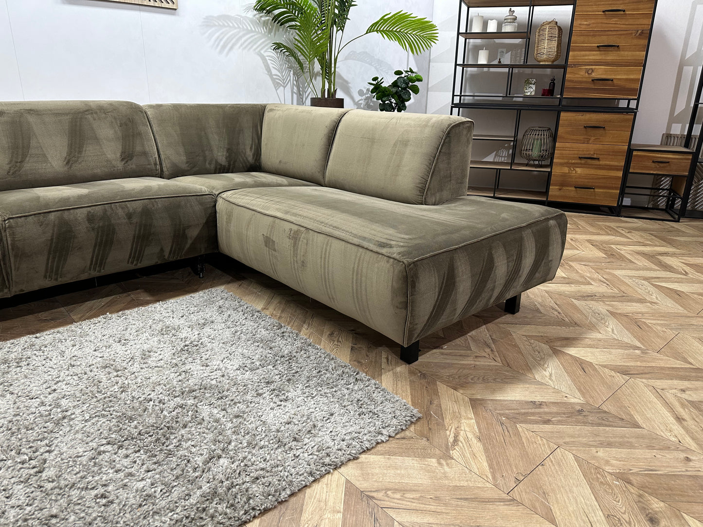 Groene Velvet Hoekbank ~ Vaste Kussens