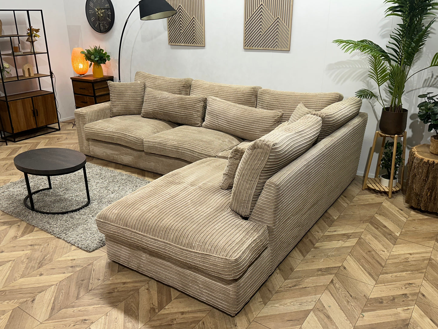 Crème/Beige Ribstof Hoekbank ~ Losse Kussens Met Afneembare Hoezen