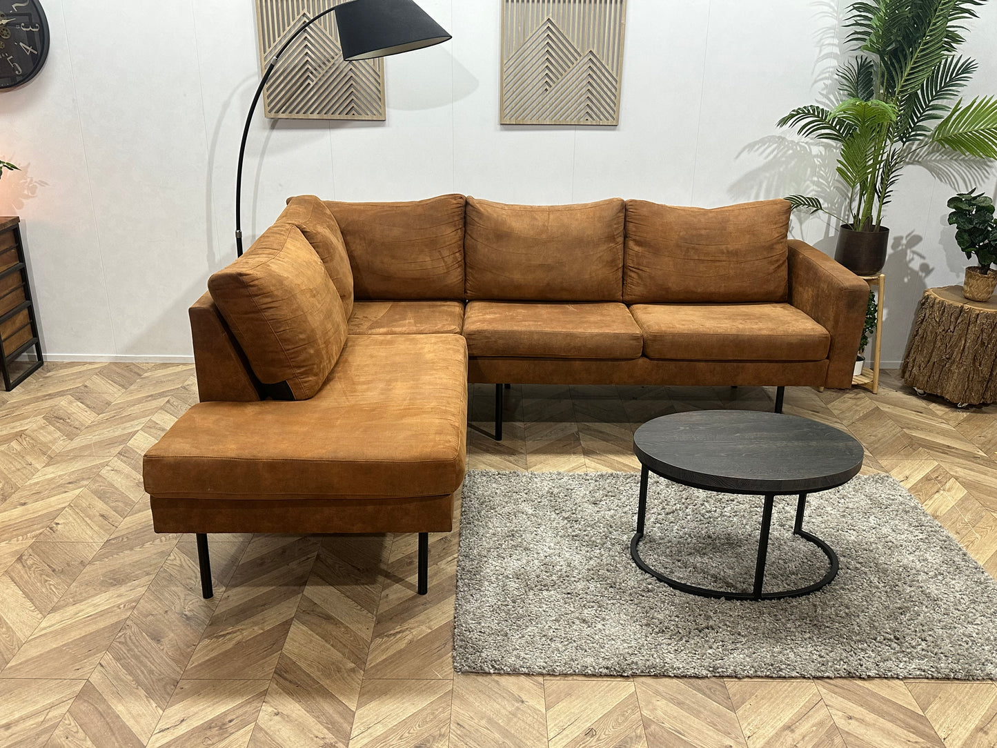 Cognac Bruine Suede Stoffen Hoekbank ~ Losse Kussens Met Afneembare Hoezen