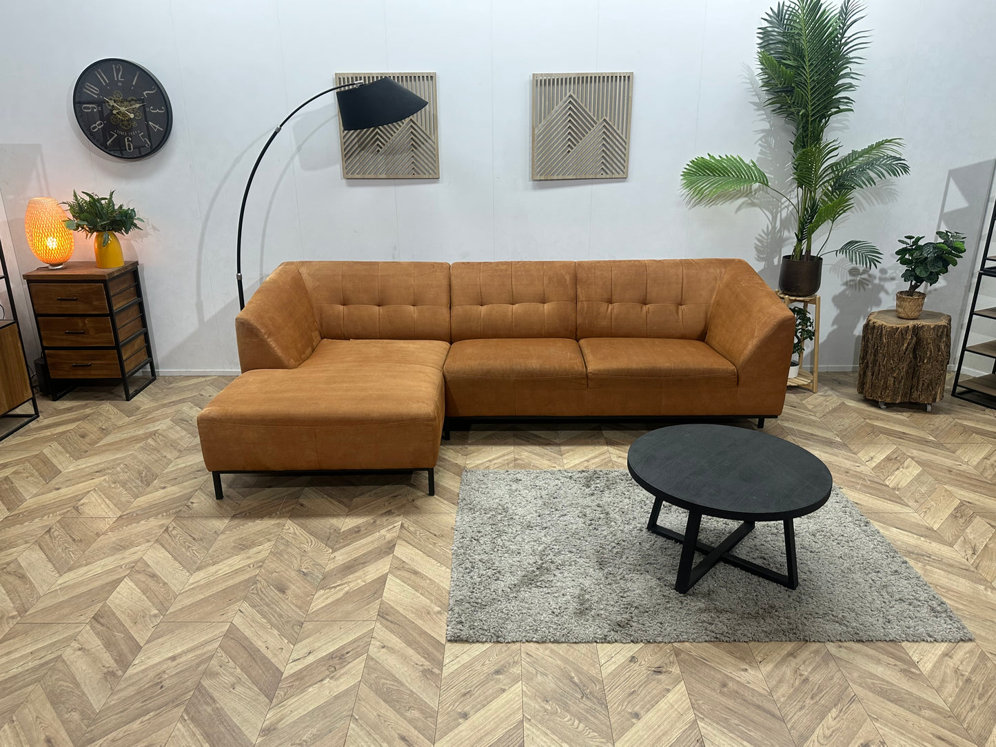 Cognac Bruine Suède Stoffen Hoekbank ~ Vaste Kussens