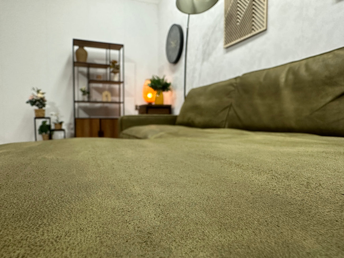 Donker Groene Suède Stoffen Hoekbank ~ Losse Kussens Met Afneembare Hoezen