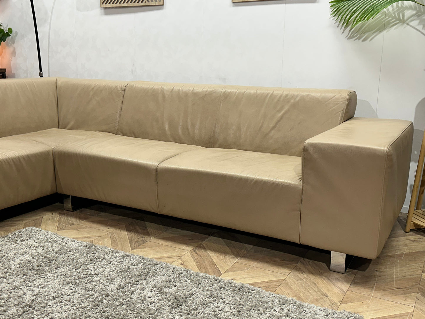 Goossens Crème Echt Lederen Hoekbank ~ Vaste Kussens