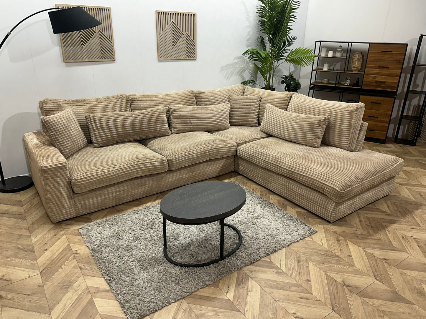 Crème/Beige Ribstof Hoekbank ~ Losse Kussens Met Afneembare Hoezen