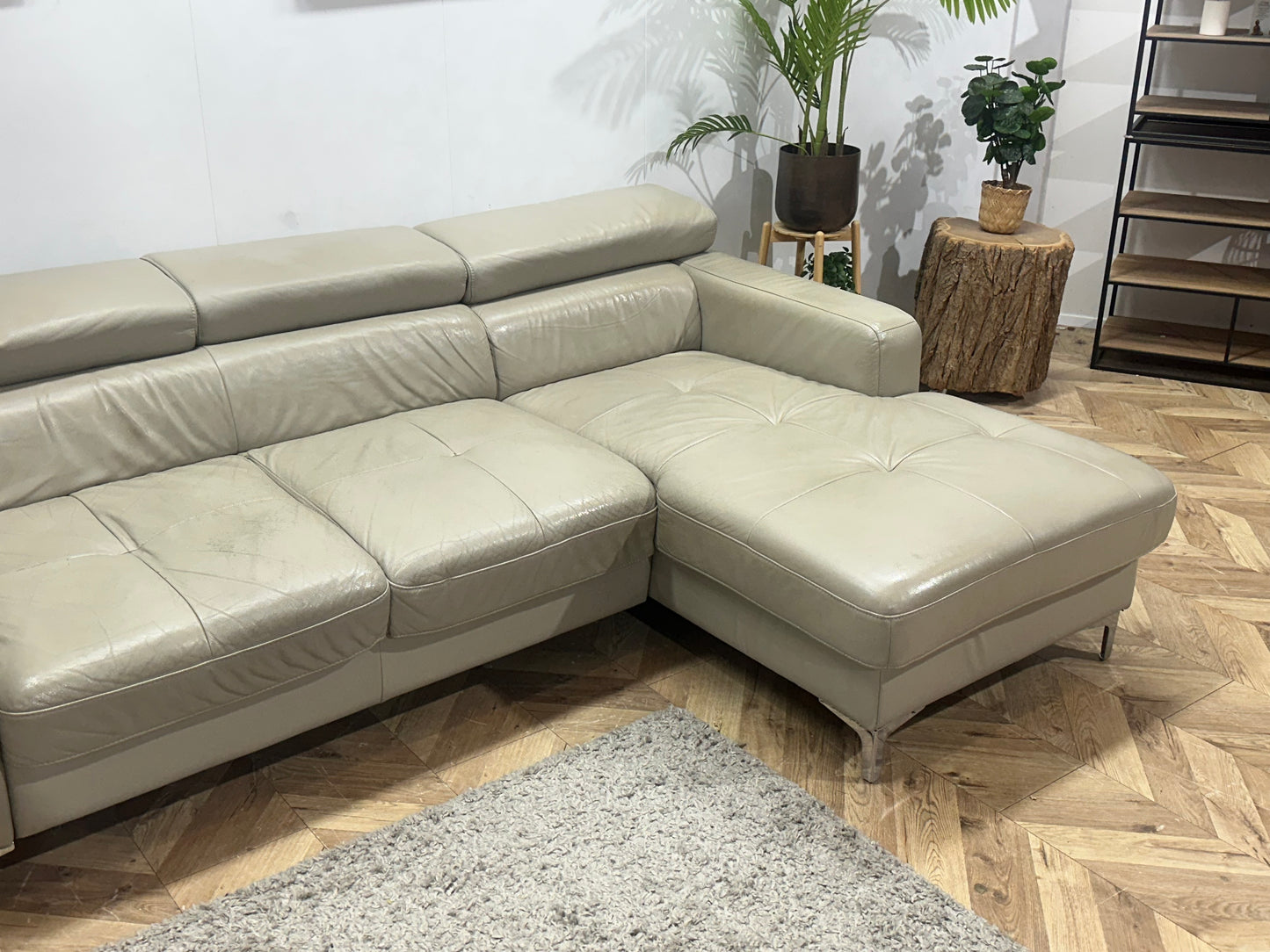 Beige Echt Lederen Hoekbank ~ Geïmpregneerd