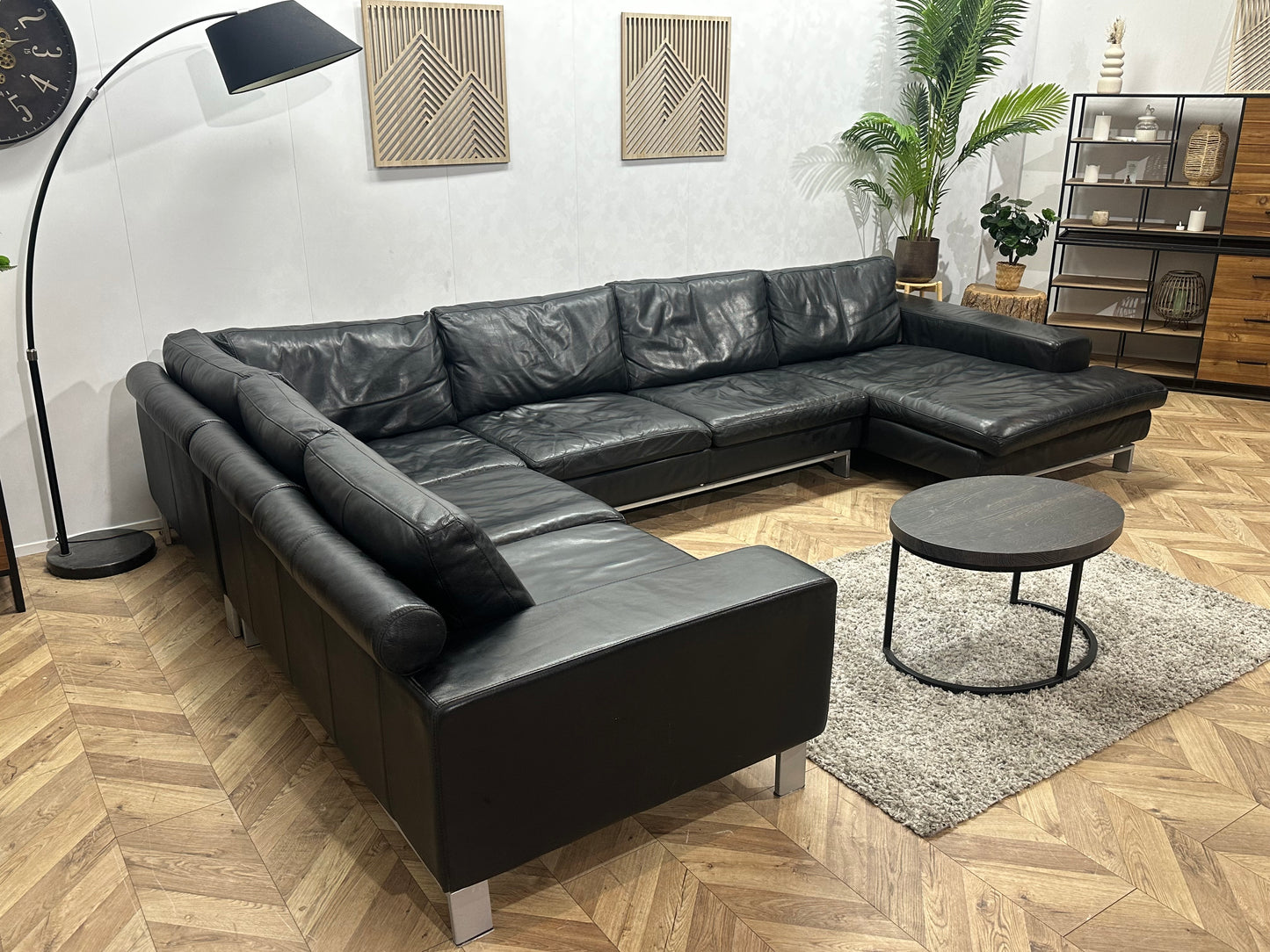 Leatherworld Zwarte Echt Lederen U Bank ~ Losse Kussens Met Afneembare Hoezen