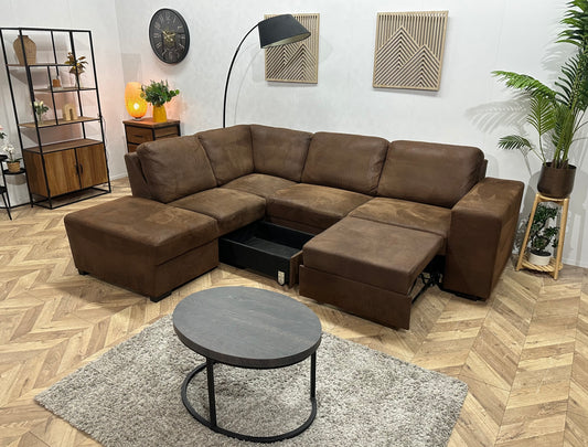 Bruine Suède Stoffen Hoekbank ~ Relaxfunctie