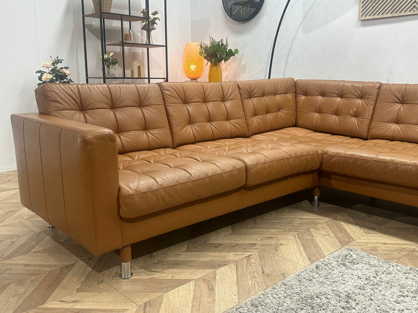 Cognac Bruine Echt Lederen Hoekbank Inc Hocker ~ Geïmpregneerd