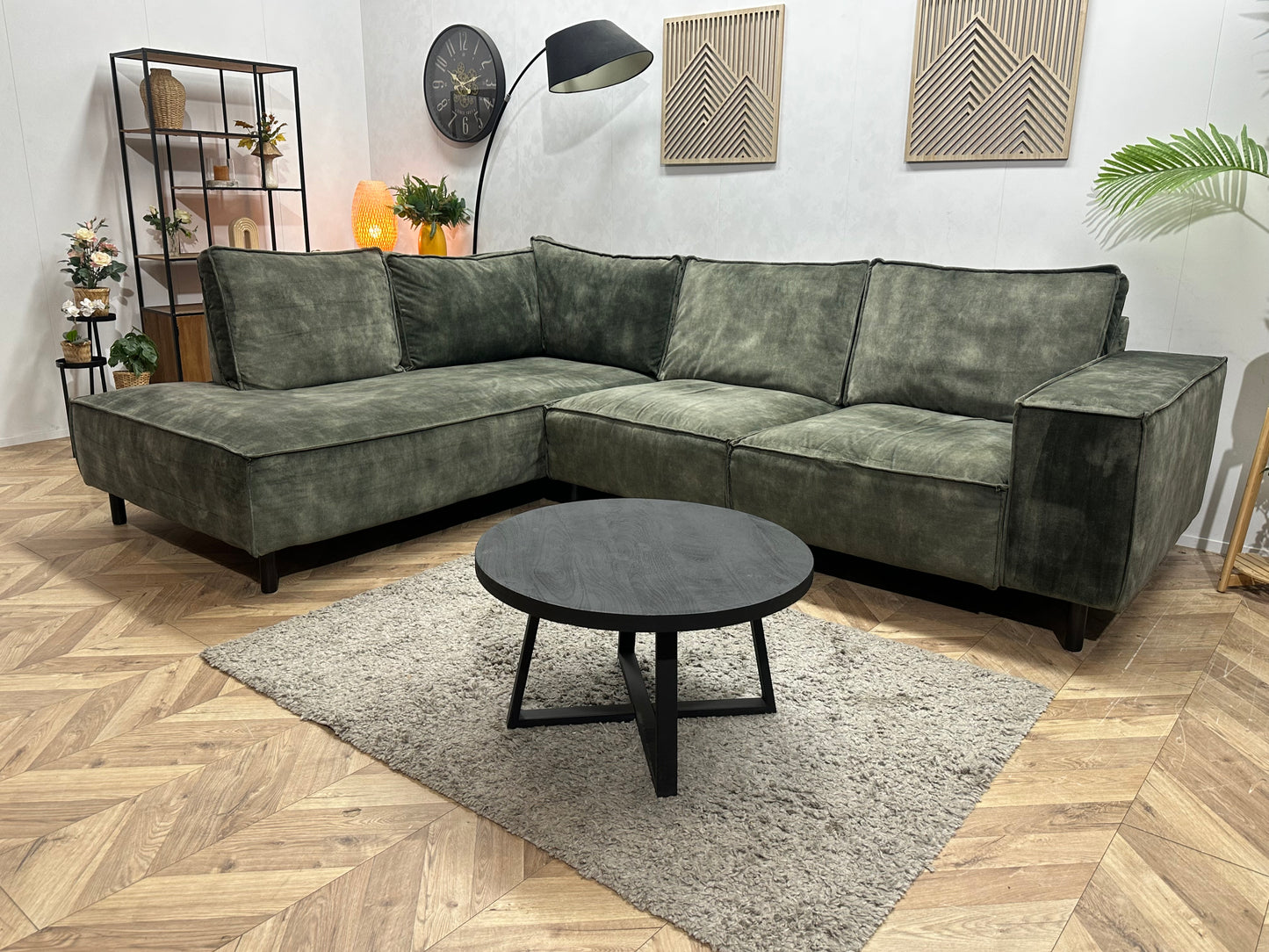 Groene Velvet Hoekbank ~ Losse Rugkussens Met Afneembare Hoezen