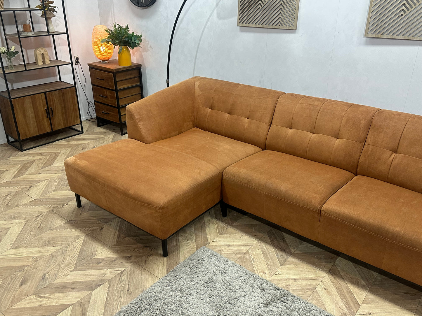 Cognac Bruine Suède Stoffen Hoekbank ~ Vaste Kussens