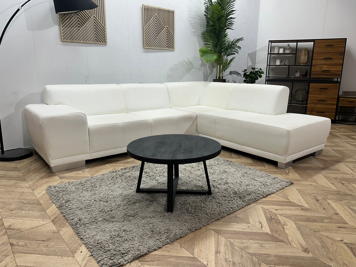 Witte Leather Look Hoekbank ~ Vaste Kussens