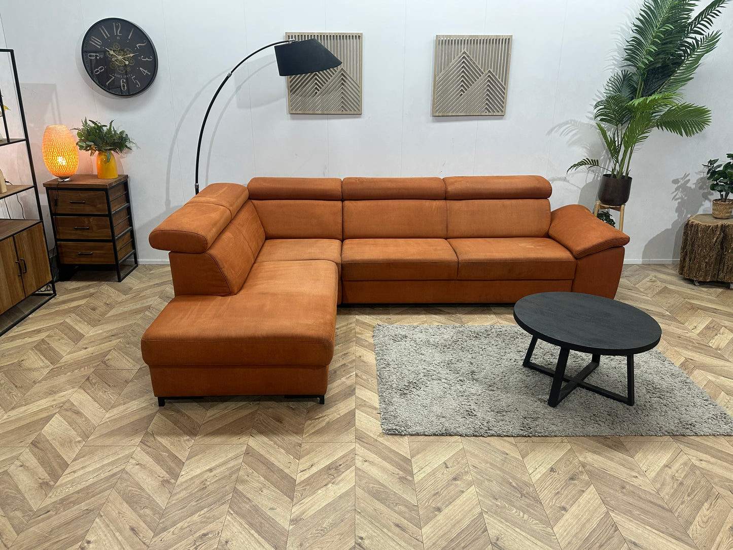 Cognac Bruine Suède Stoffen Hoekbank ~ Verstelbare Arm/ Hoofdsteunen