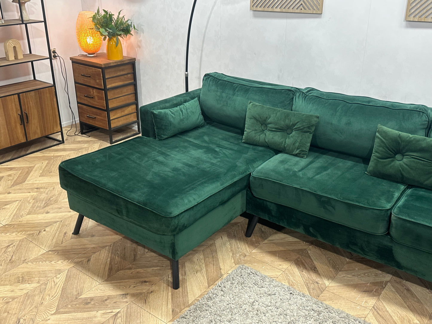 Groene Velvet Hoekbank ~ Losse Kussens Met Afneembare Hoezen