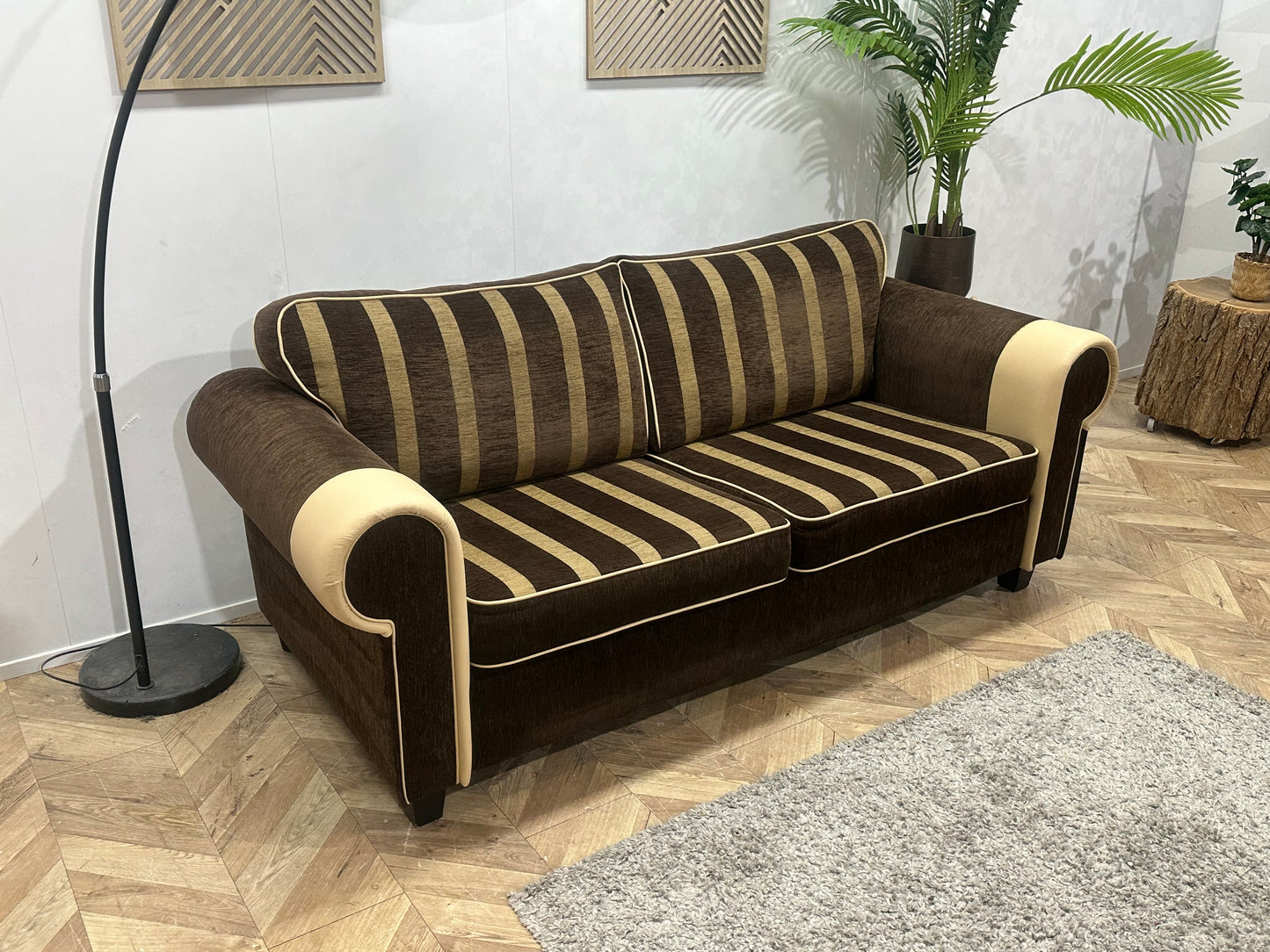 Bruine/Crème Stoffen/Echt Lederen 2.5-Zits Bank ~ Losse Kussens Met Afneembare Hoezen