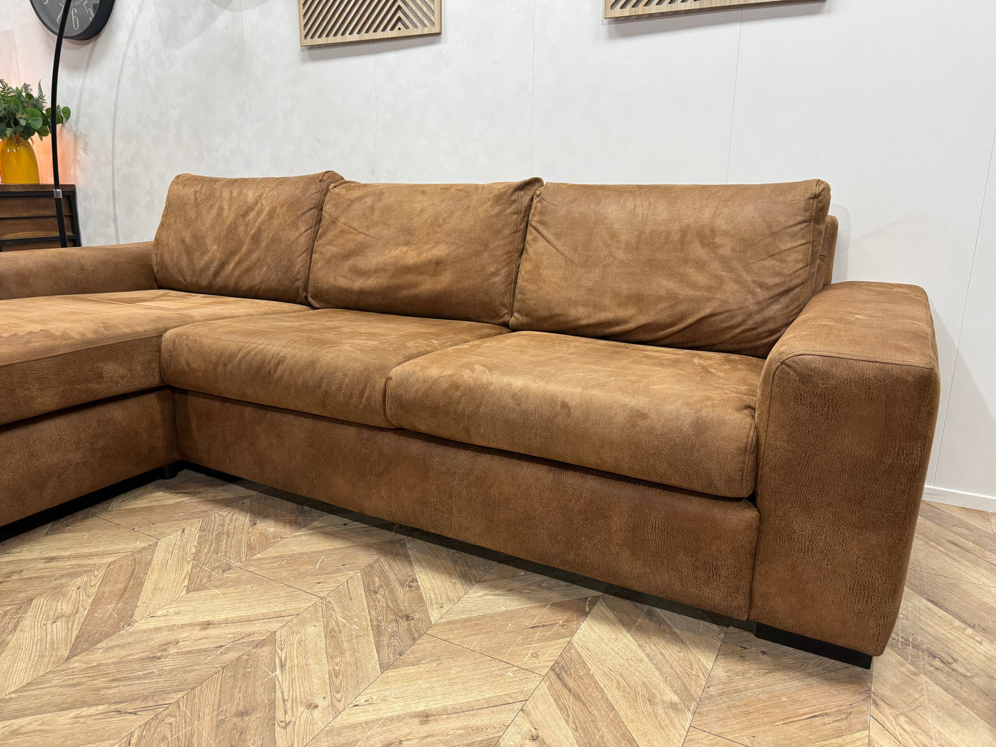 Cognac Bruine Suède Lederen Hoekbank Incl. Fauteuil