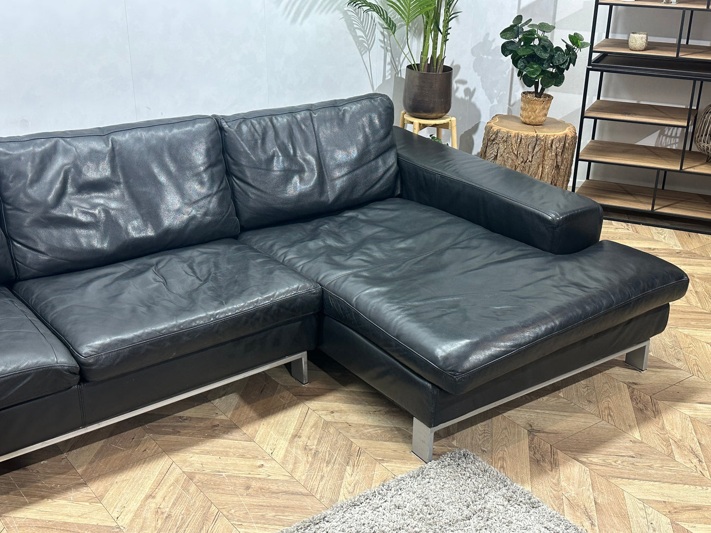 Leatherworld Zwarte Echt Lederen U Bank ~ Losse Kussens Met Afneembare Hoezen